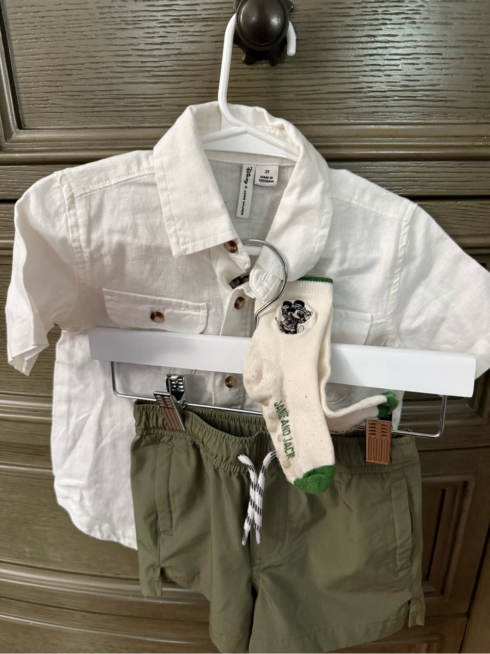 Janie and Jack White Button-Down Shirt with Olive Green Shorts